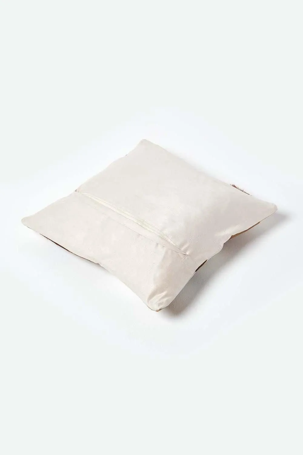 Homescapes Beige Real Leather & Goat Hair Large Check Cushion with Feather Filling 3