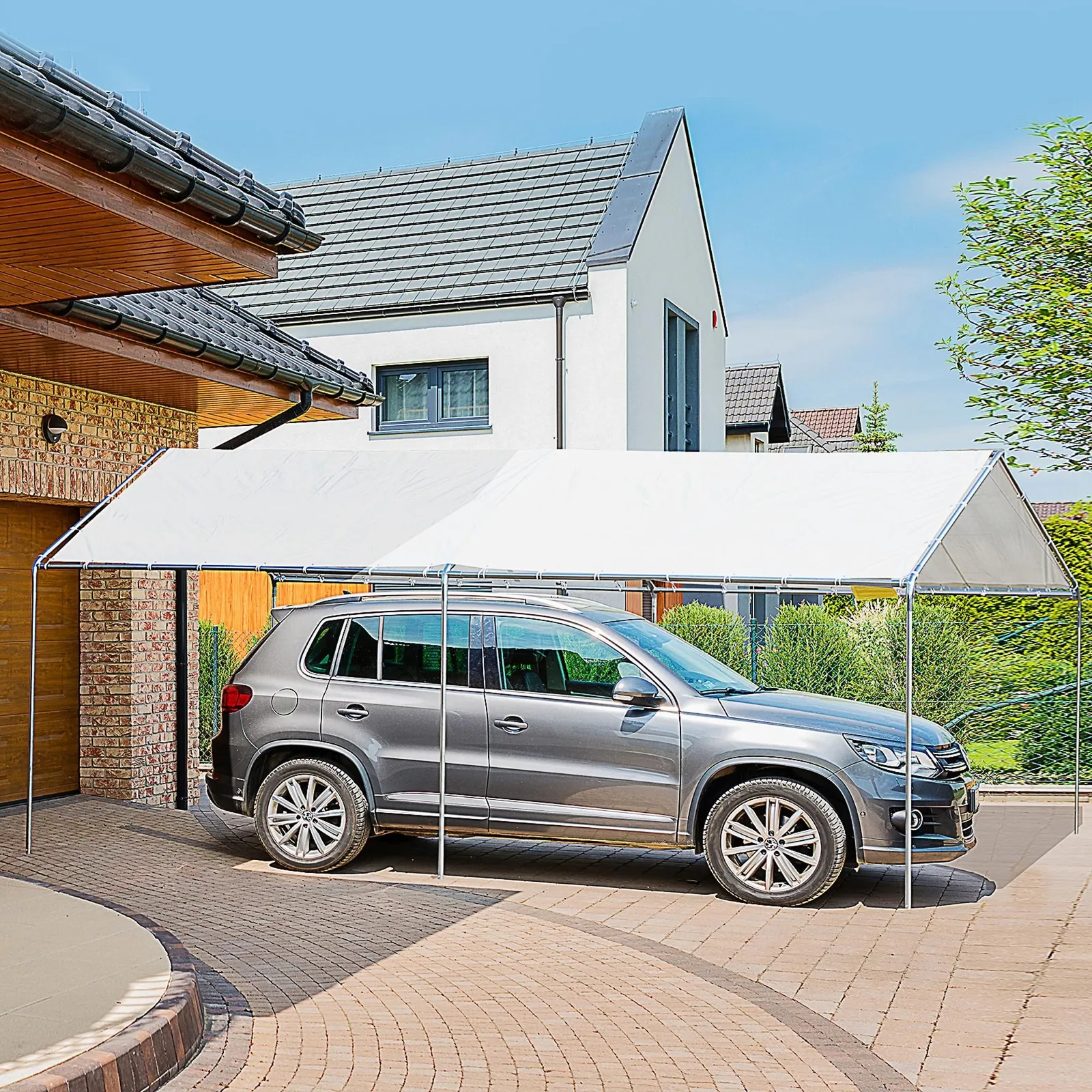 OUTSUNNY 2-Rooms Outdoor Carport Galvanized Steel Frame Tent UV Resistant in White