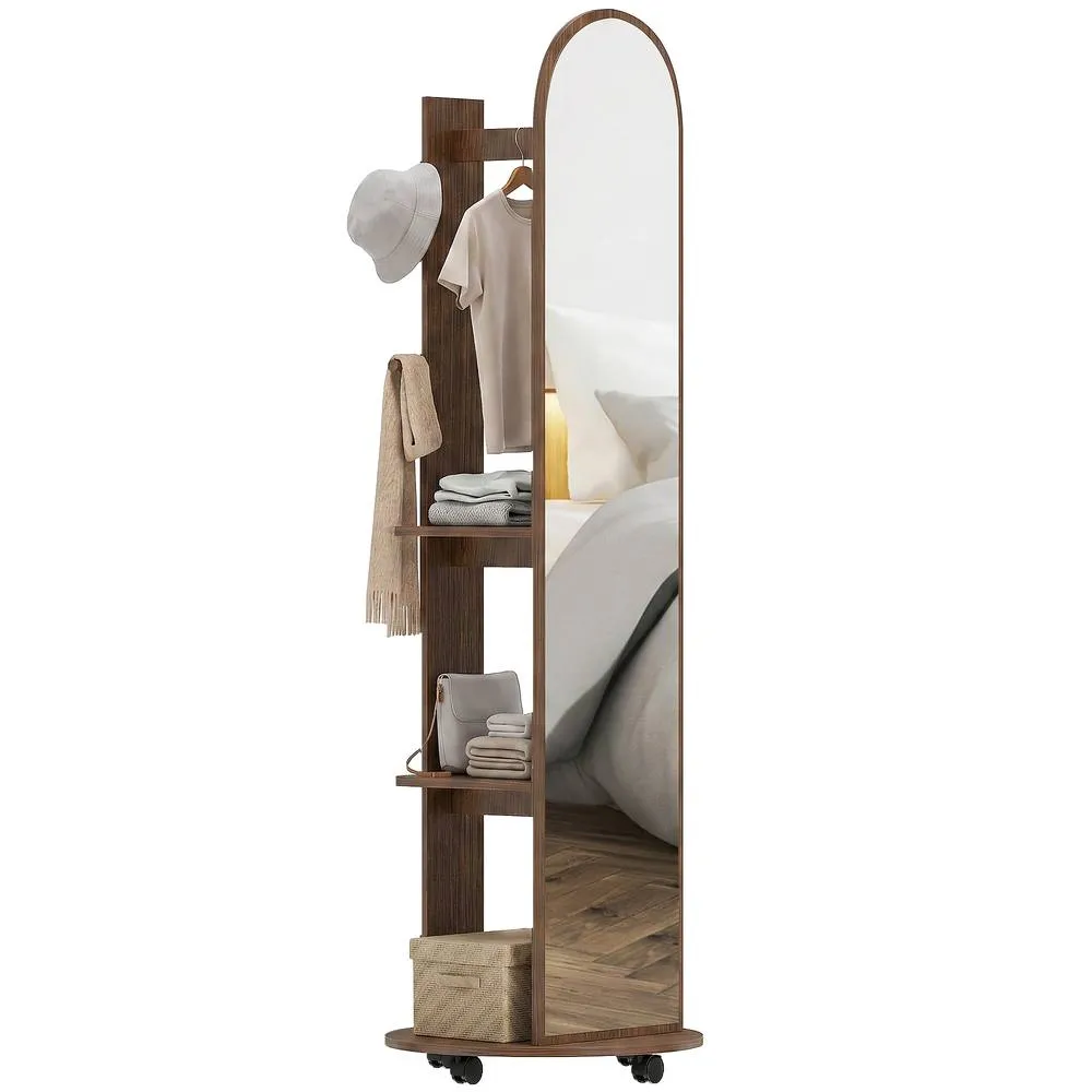 HOMCOM 2-in-1 Full Length Mirror with Shelves, 4 Wheels in Brown 2