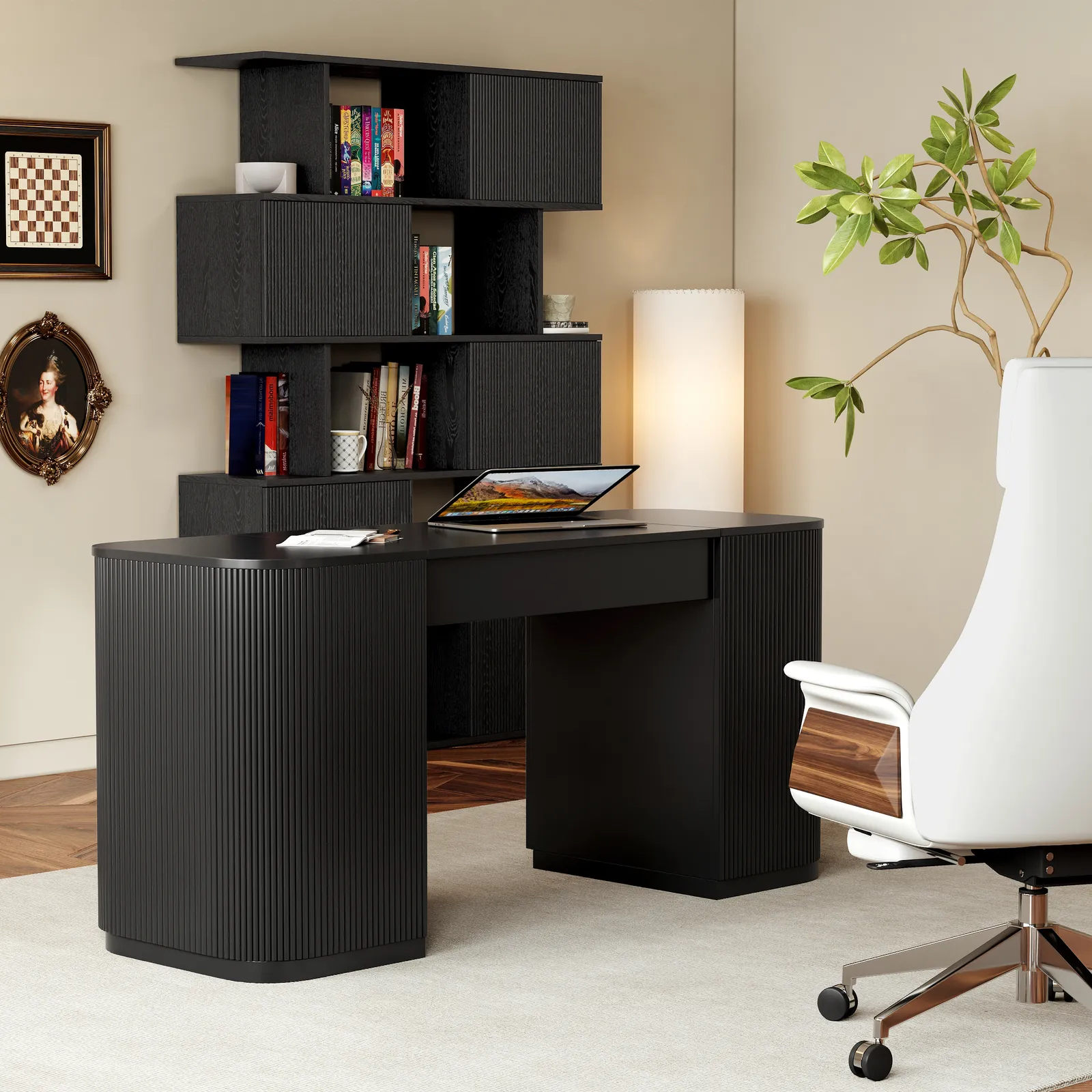 Modern 60" Black Standing Office Desk & Sliding Door Etagere Bookshelf