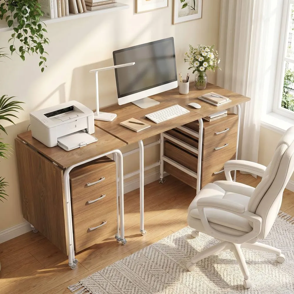 Costway Folding Desk with 3 Drawers Convertible Computer Desk in Natural 3