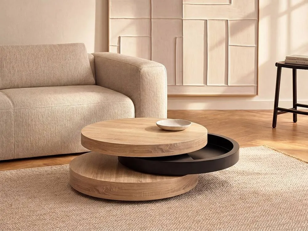 Vente-unique Round Swivelling Coffee Table With 1 MDF Compartment - Black & Light 3