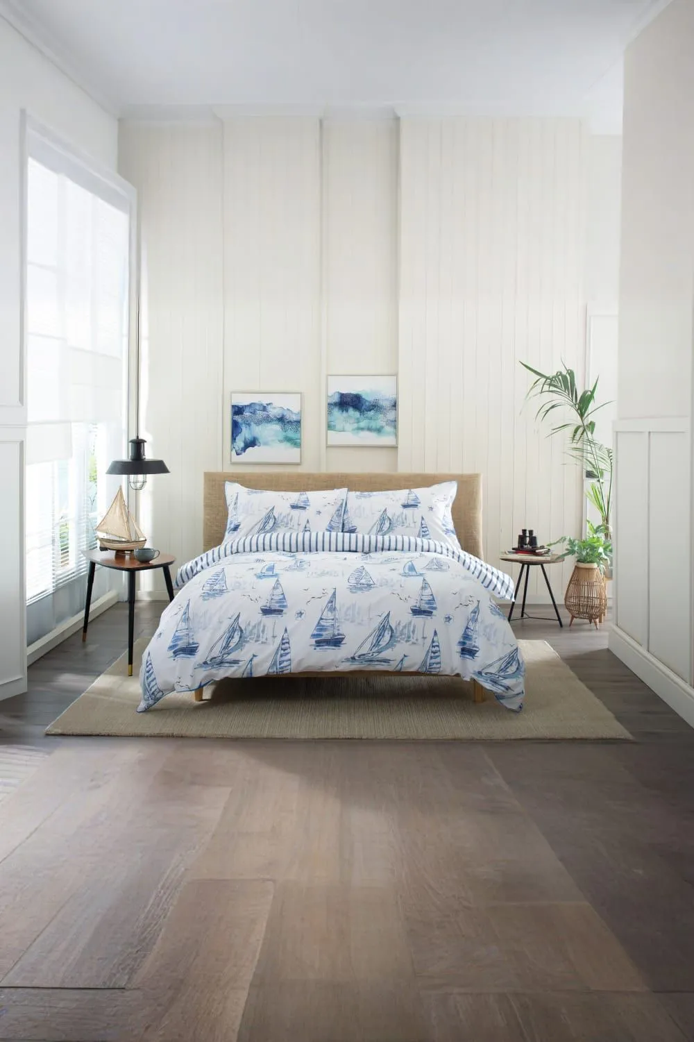 Lobster Creek Solent Duvet Cover Set Nautical Sailing Boat Design w/ Fresh White Background & Stripe Reverse - 100% Cotton Coastal Bedding for a