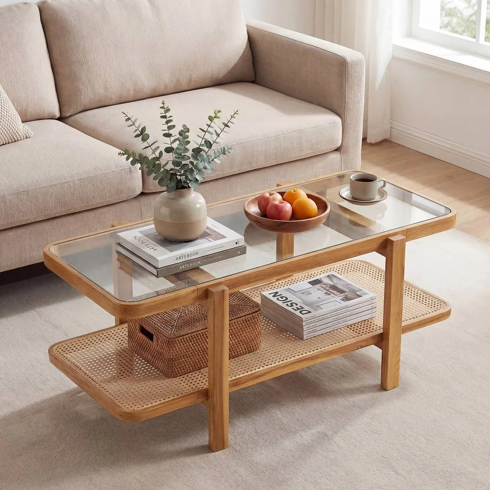 Costway 2-Tier Coffee Table w/ PE Rattan Shelf Table w/ Glass Tabletop in Brown 4
