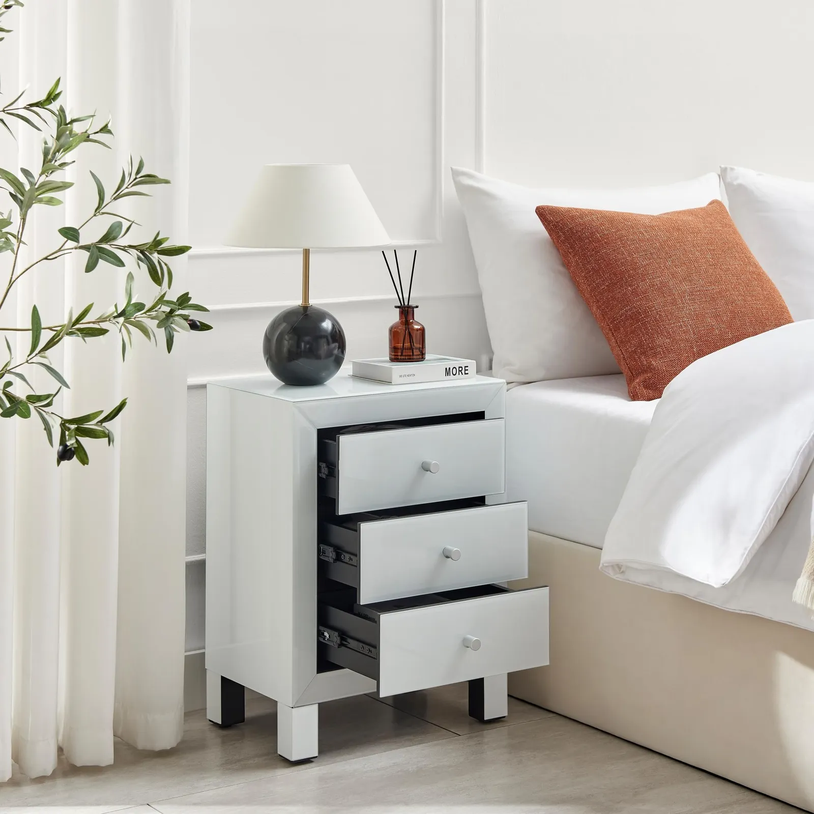 FurnitureboxUK Lexi Large Wooden Bedside Table with 3 Drawers & a Modern Mirrored Finish in White 3