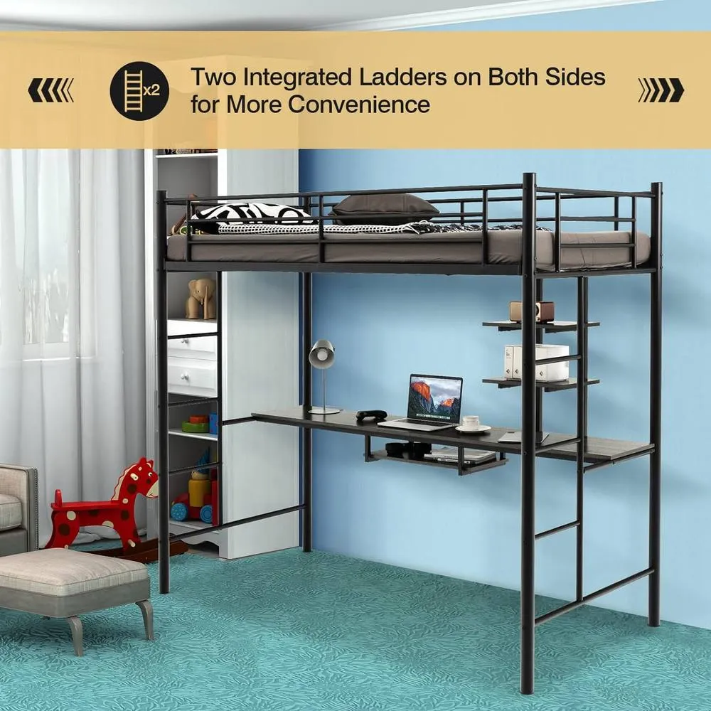 Costway 3.5FT Single Metal Loft Bed Frame High Sleeper Bunk Bed W/ Desk Storage Shelves in Black 3