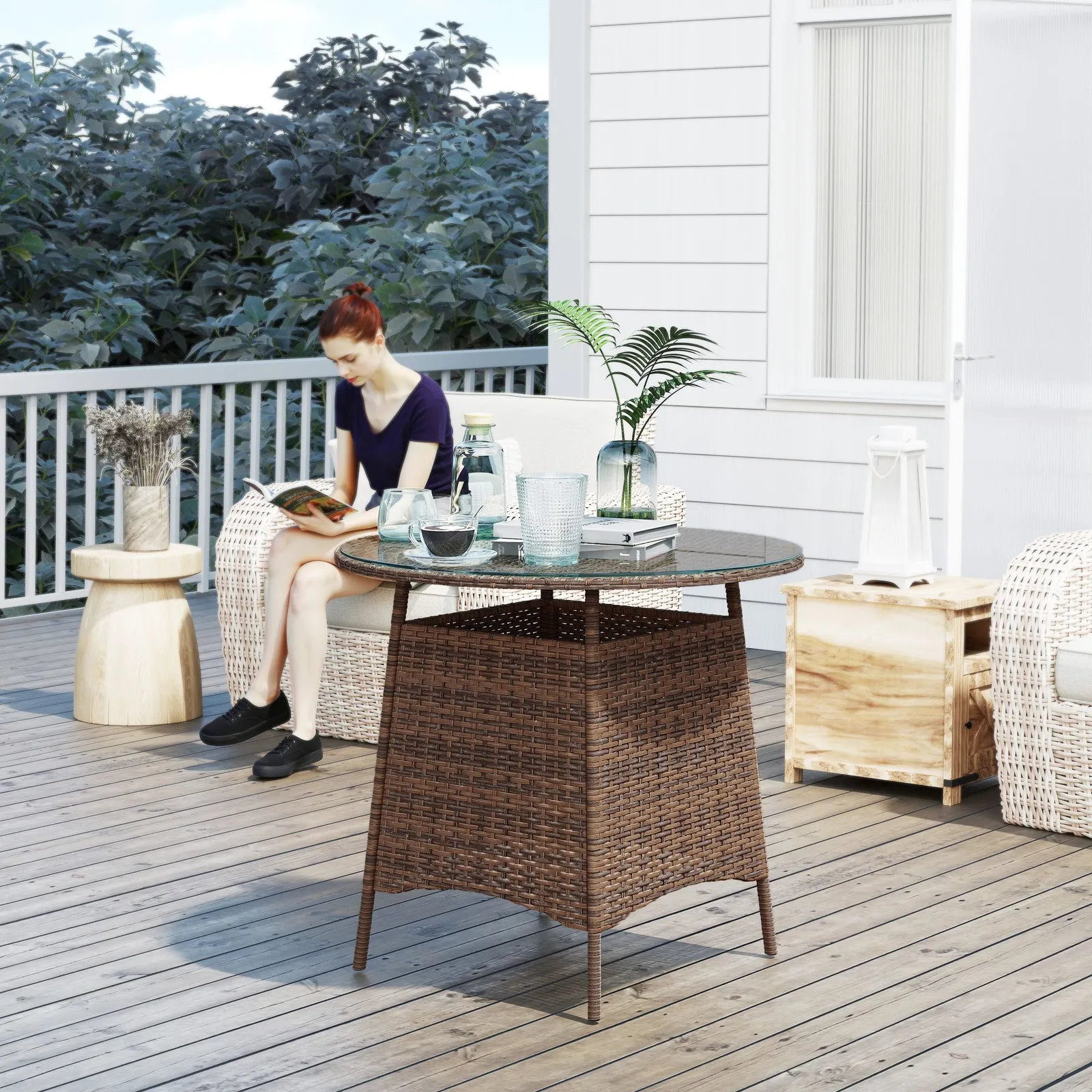 OUTSUNNY Wicker Garden Rattan Table with Umbrella Hole & Tempered Glass Top in Brown 1