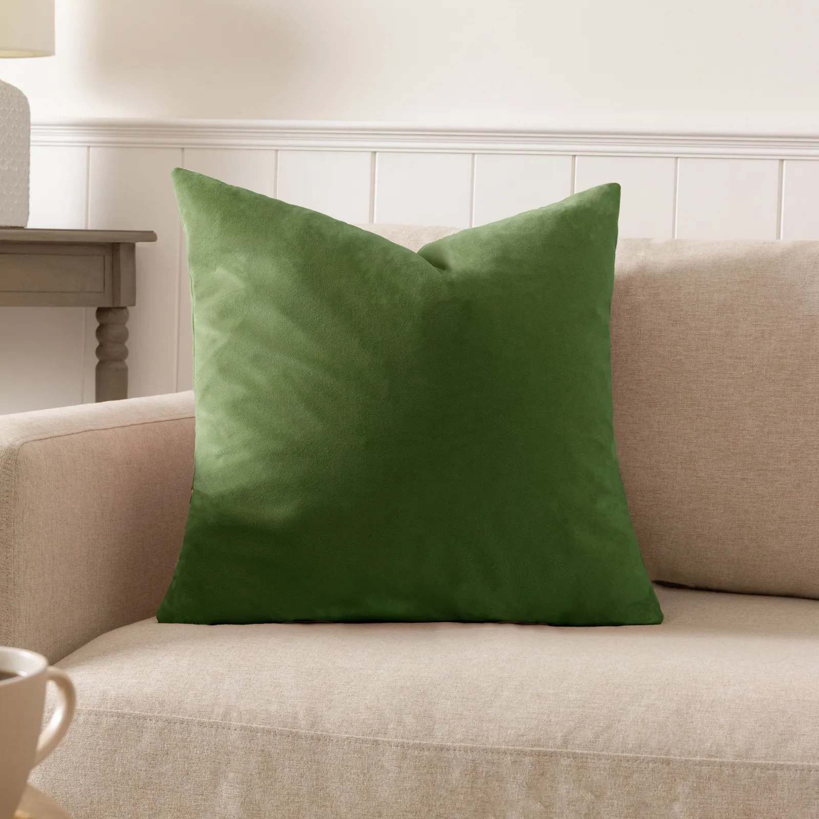 Paoletti Sunningdale Plain Velvet Cushion in Olive 1