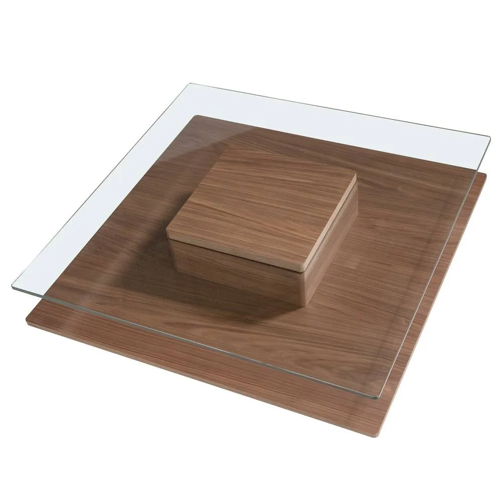 Angel Cerda Square Tempered Glass Coffee Table with Walnut Veneer in Brown 6