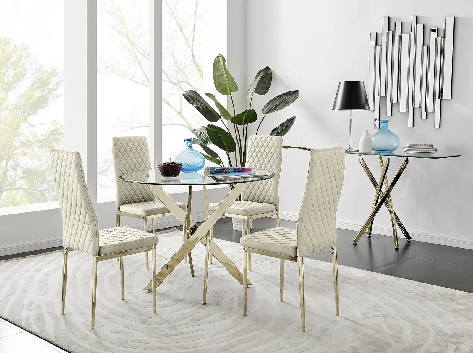 FurnitureboxUK Novara 100cm Round Tempered Glass Dining Table with Gold Legs & 4 Milan Velvet Chairs in Cream