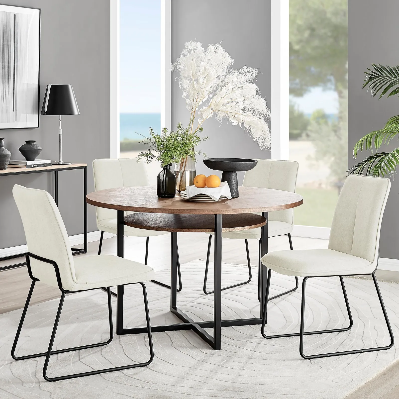 FurnitureboxUK Adley Brown Wood Storage Dining Table & 4 Halleyy Chairs in Cream 1