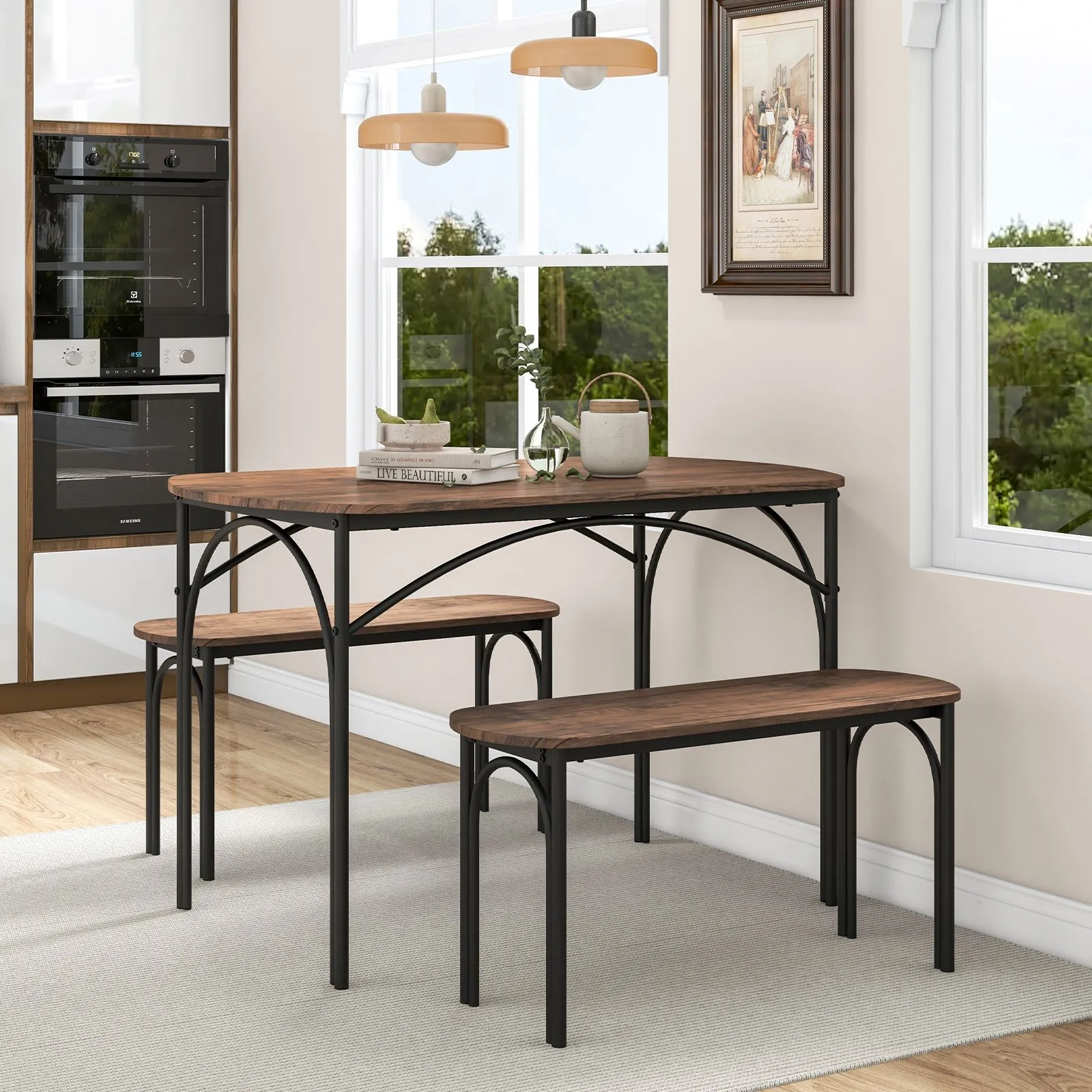 Costway 3 Piece Modern Dining Table Set 120cm Space Saving Kitchen Table Set in Brown 4