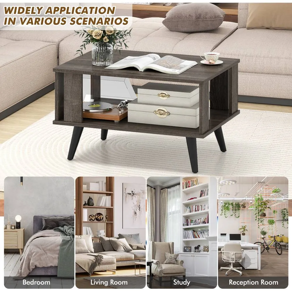 Costway 2-Tier Wooden Center Table Coffee Table w/Open Storage Shelf-Grey in Grey 2