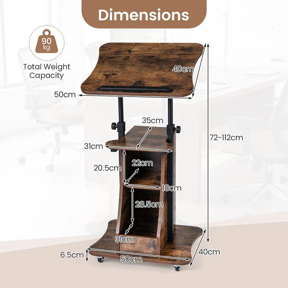 Costway Height Adjustable Podium Stand on Wheels with Rustic Brown/Black Wood in Brown 5