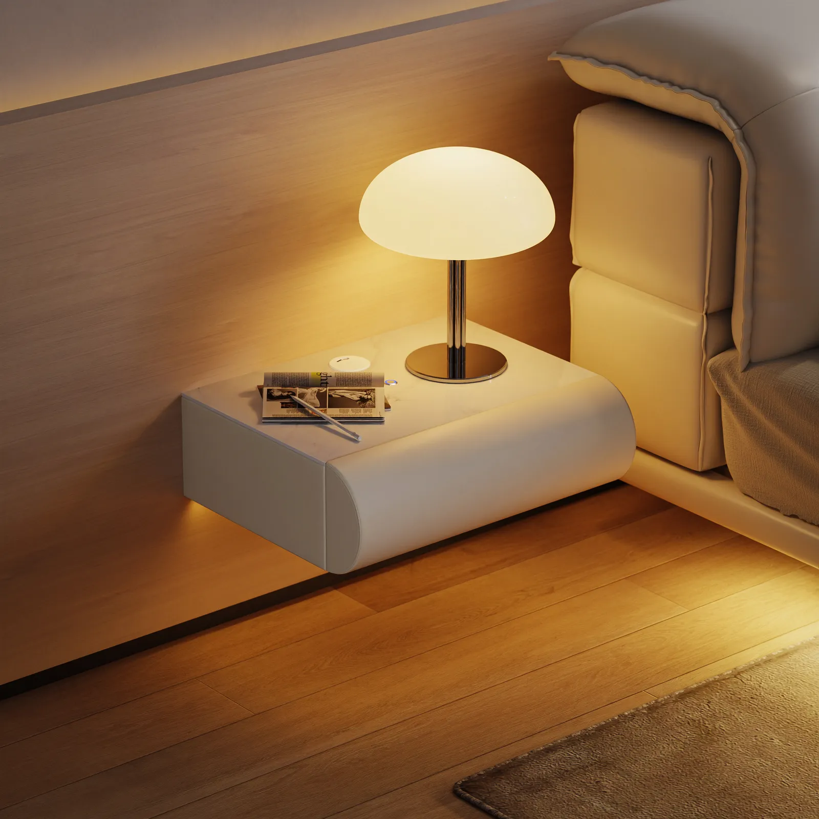 Humply Floating Leather 1-Drawer Smart LED Bedside Table with Sintered Stone Top