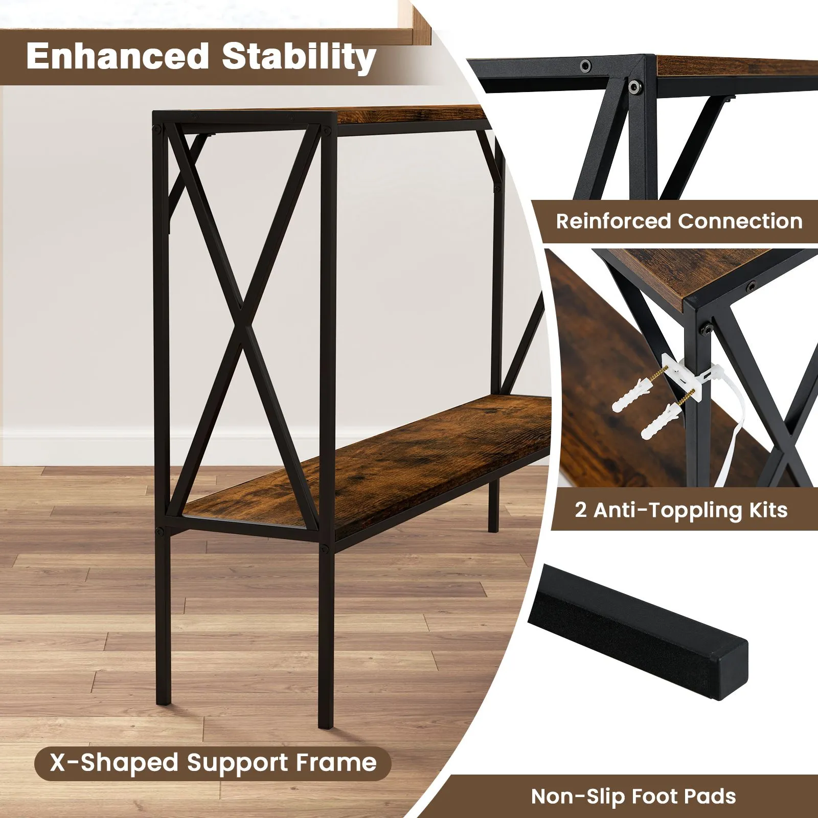 Costway Industrial Console Table 2-Tier Narrow Sofa Table Behind Couch in Brown 4