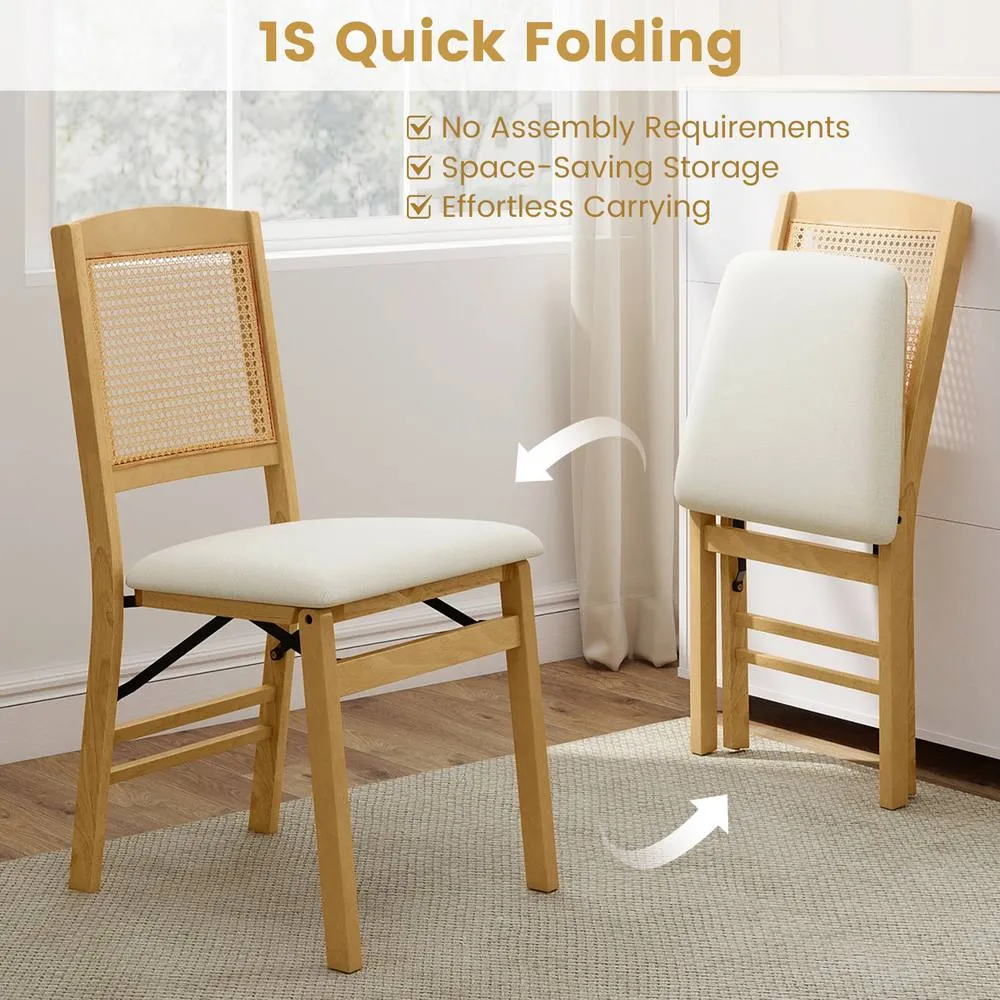Costway 2PCS Folding Dining Chairs Rubber Wood Chairs w/ Linen Padded Seat in Natural 6