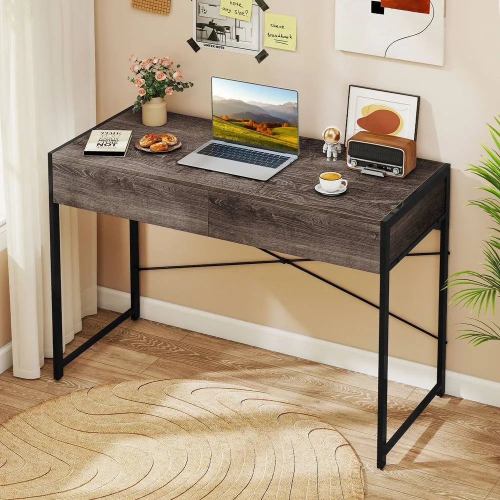 Costway Computer Desk Compact Writing Desk with 2 Drawers in Grey