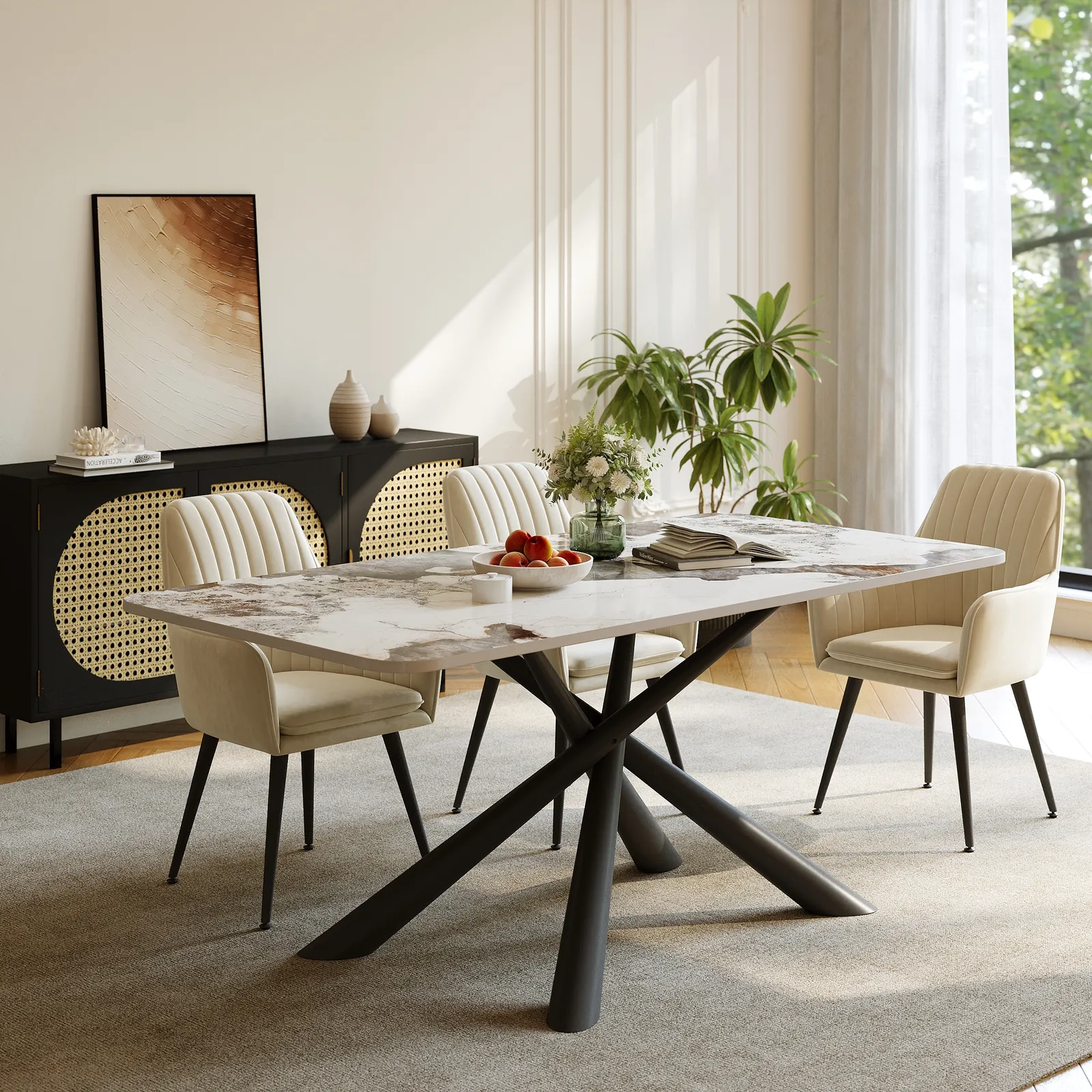 200 cm Modern Stone Top Rectangle Dining Table with Stainless Steel Trestle
