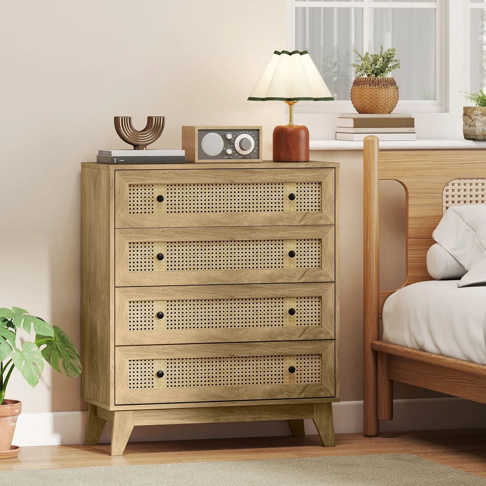 HOMCOM Chest of Drawers, 4 Drawer Unit Storage Organiser with Rattan Element in Light Brown