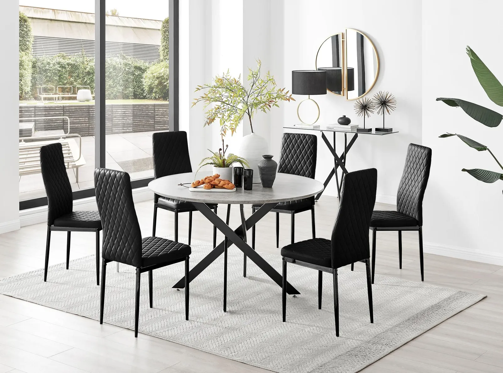 FurnitureboxUK Novara Grey Concrete Effect Black Leg 120cm Round Dining Table & 6 Velvet Milan Black Leg Chairs