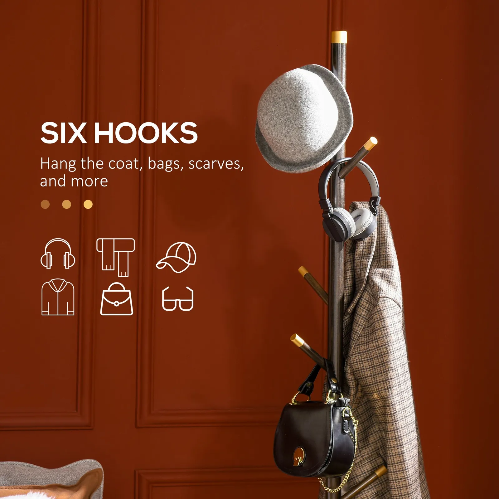 HOMCOM Freestanding Coat Rack Stand Coat Hanger with 6 Hooks in Brown 5