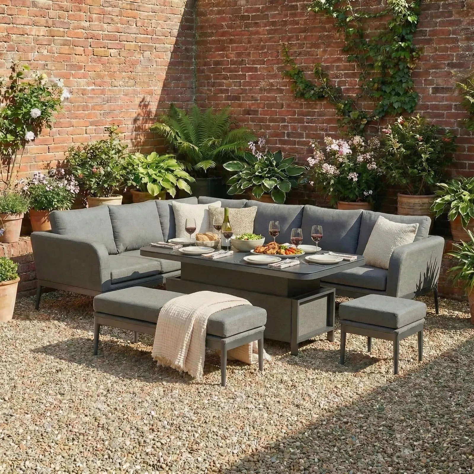 Canzo Corner Sofa Set, With Rising Table, Aluminium, Grey | Barker & Stonehouse