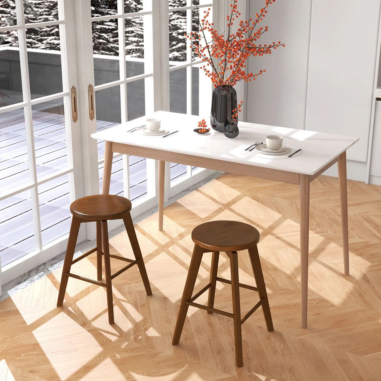 Costway Set of 2 Bar Stools Wood Counter Height Chair 360 Swivel Kitchen Seat Backless in Brown 3