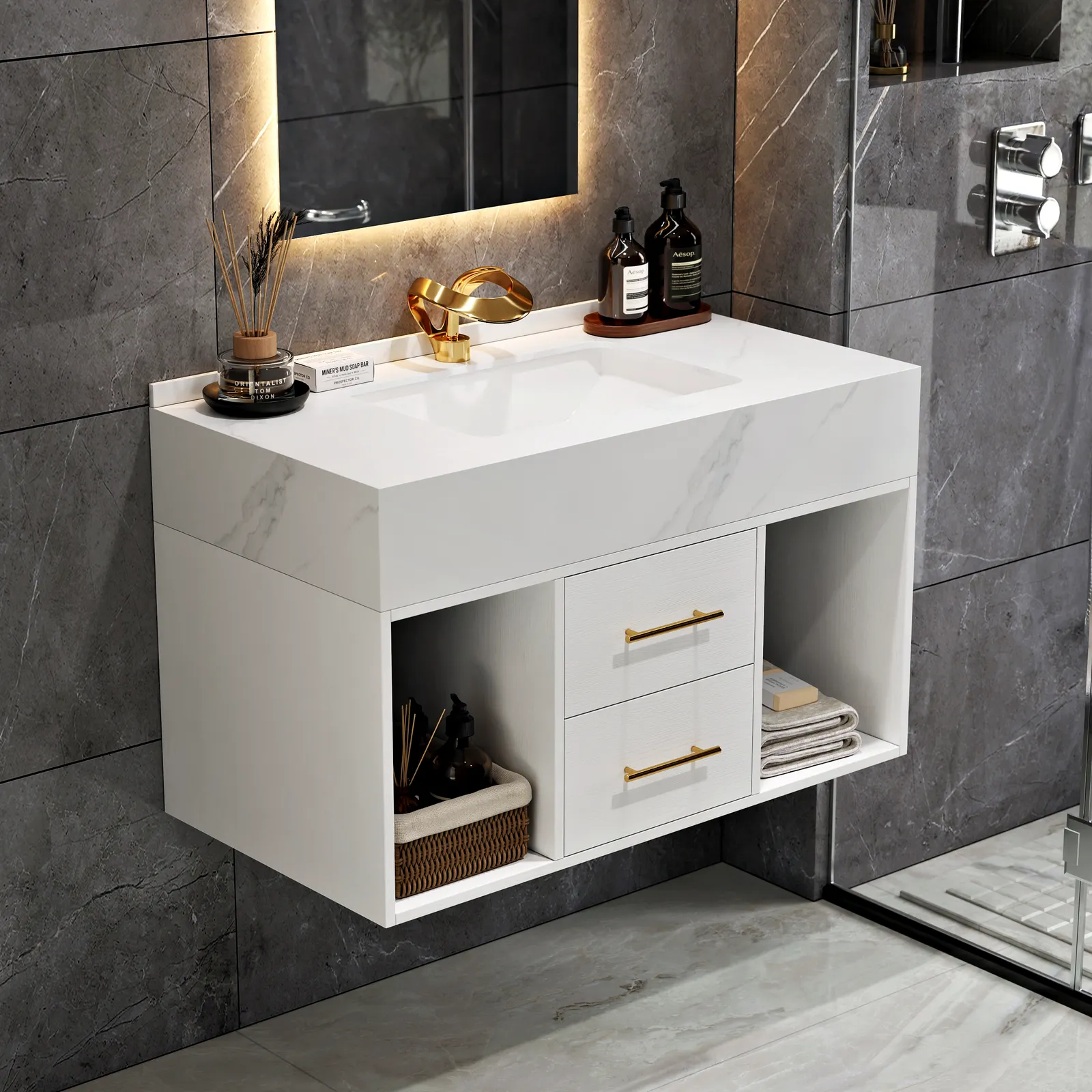 35" Floating Bathroom Vanity with Sintered Stone Vessel Sink with 2 Drawers in White