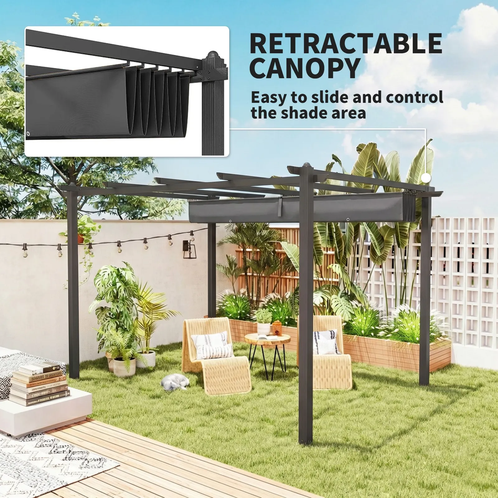 OUTSUNNY Aluminium Pergola with Retractable Roof, Garden Gazebo Canopy in Dark Grey 4