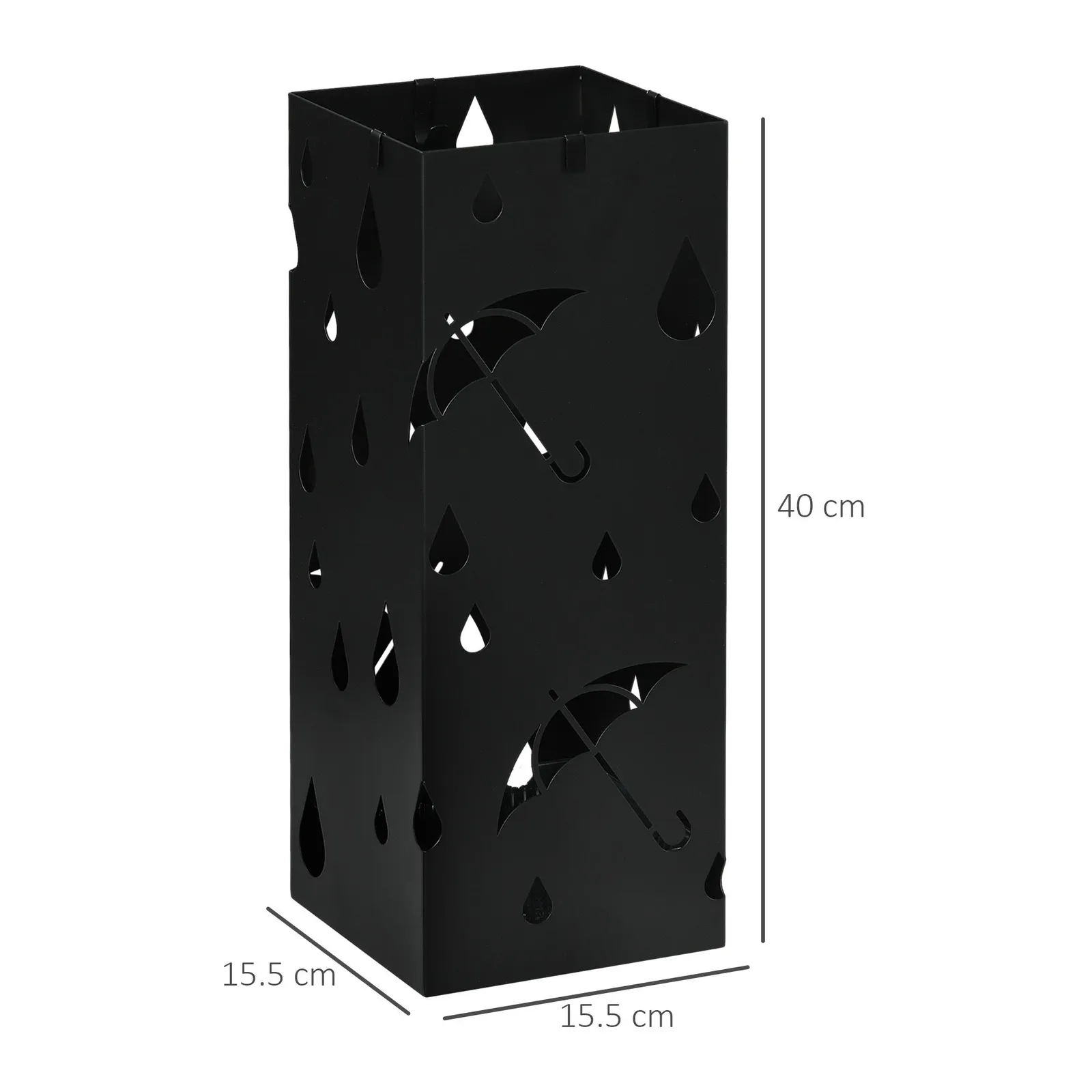 HOMCOM Metal Umbrella Stand, Square Umbrella Basket with 4 Hooks Drip Tray Black 3