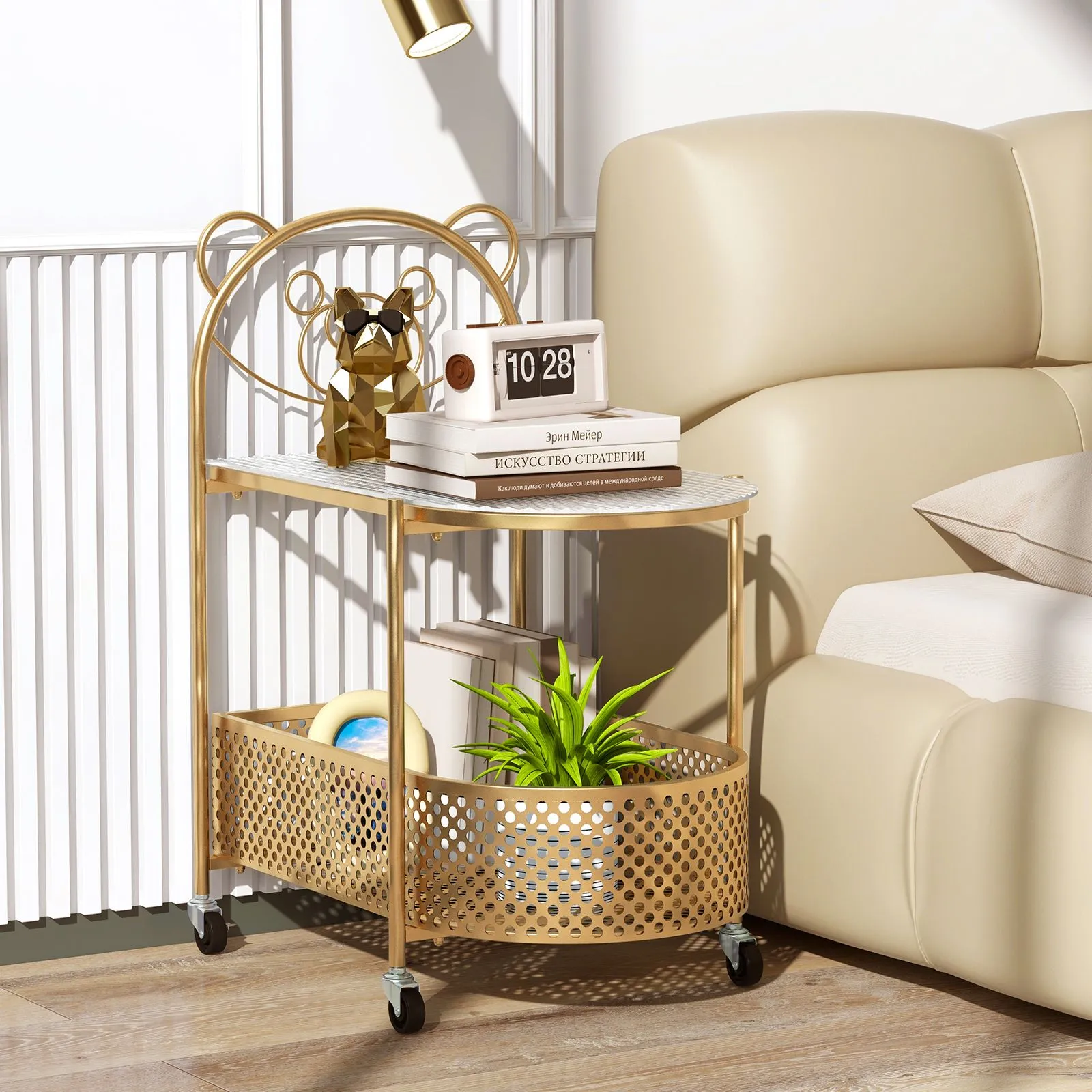 Costway Mobile Glass Coffee Table 2-Tier Modern Cocktail Table-Golden in Gold 6