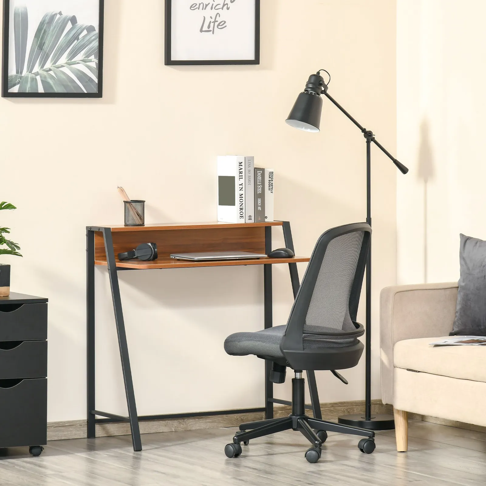 HOMCOM 2-Tier Storage Computer Workstation with Shelf, Metal Frame in Walnut