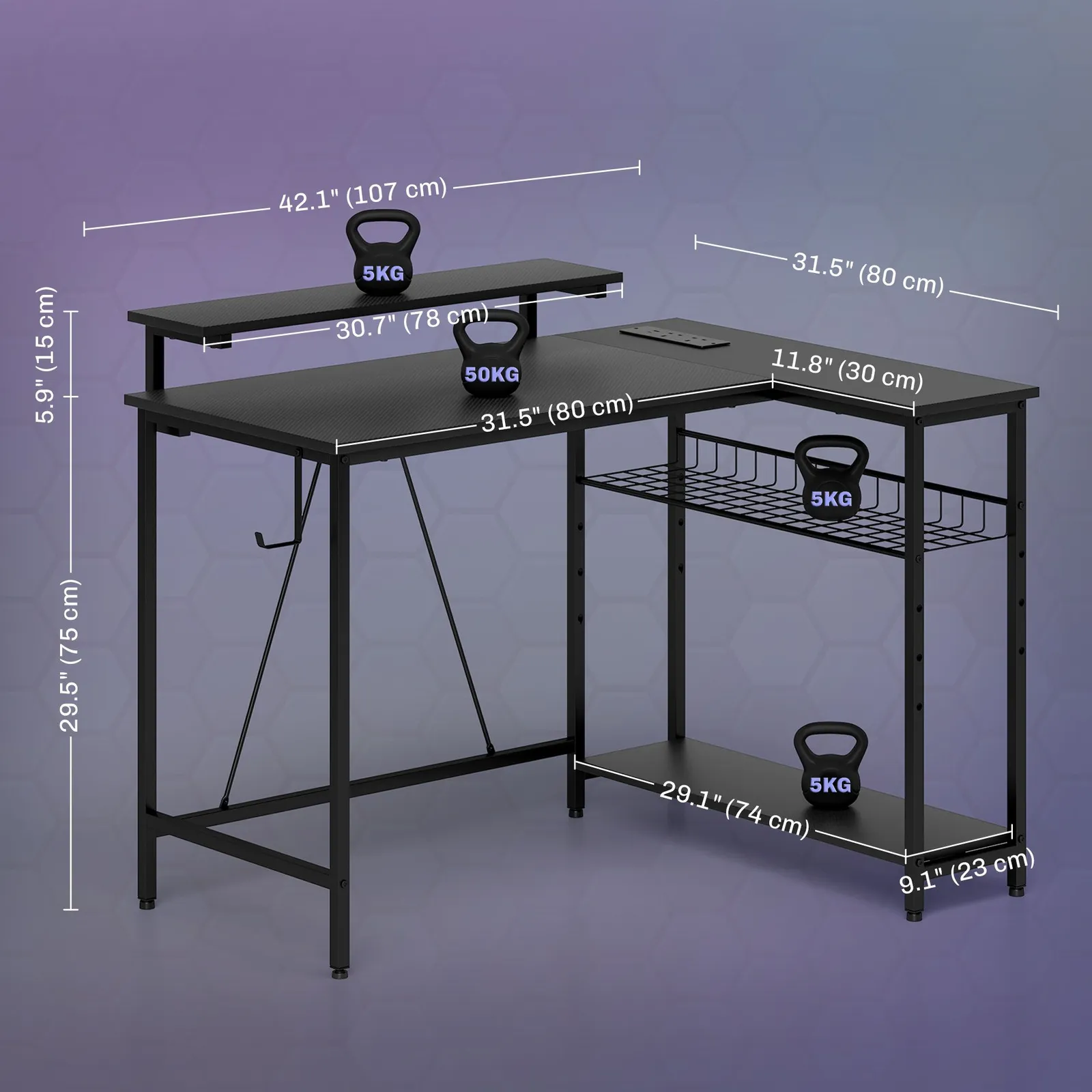HOMCOM L Shaped Desk with LED Lights & Storage, Black 3