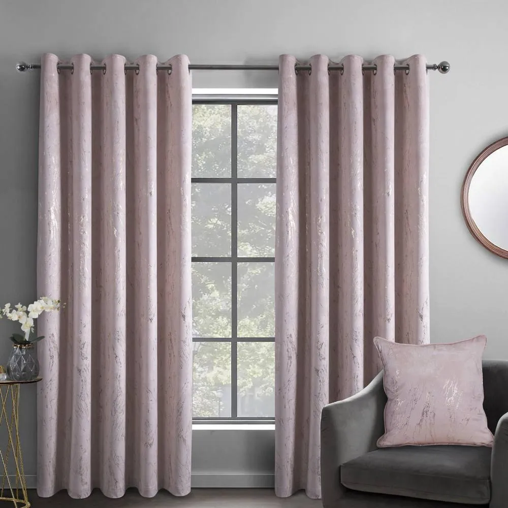 Smart Living Marble Effect Velvet Eyelet Curtains - Thermal Blackout - 2 Panels in Pink