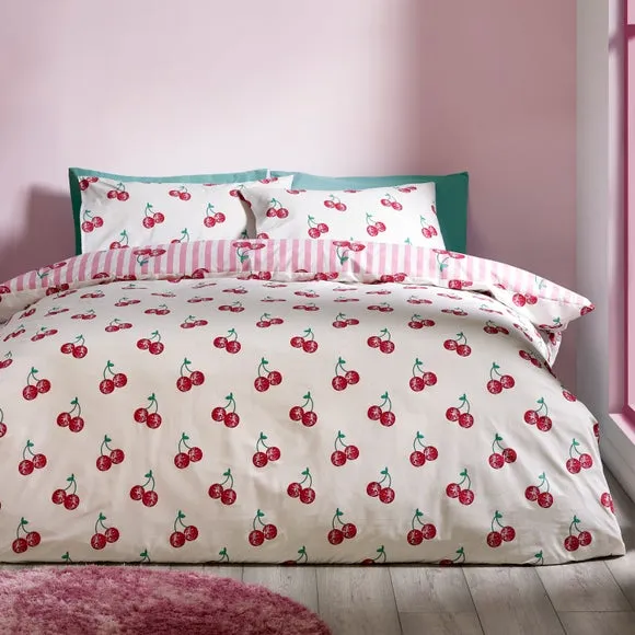 Catherine Lansfield Disco Cherries Stripes Polycotton Duvet Cover & Pillowcase Set 3