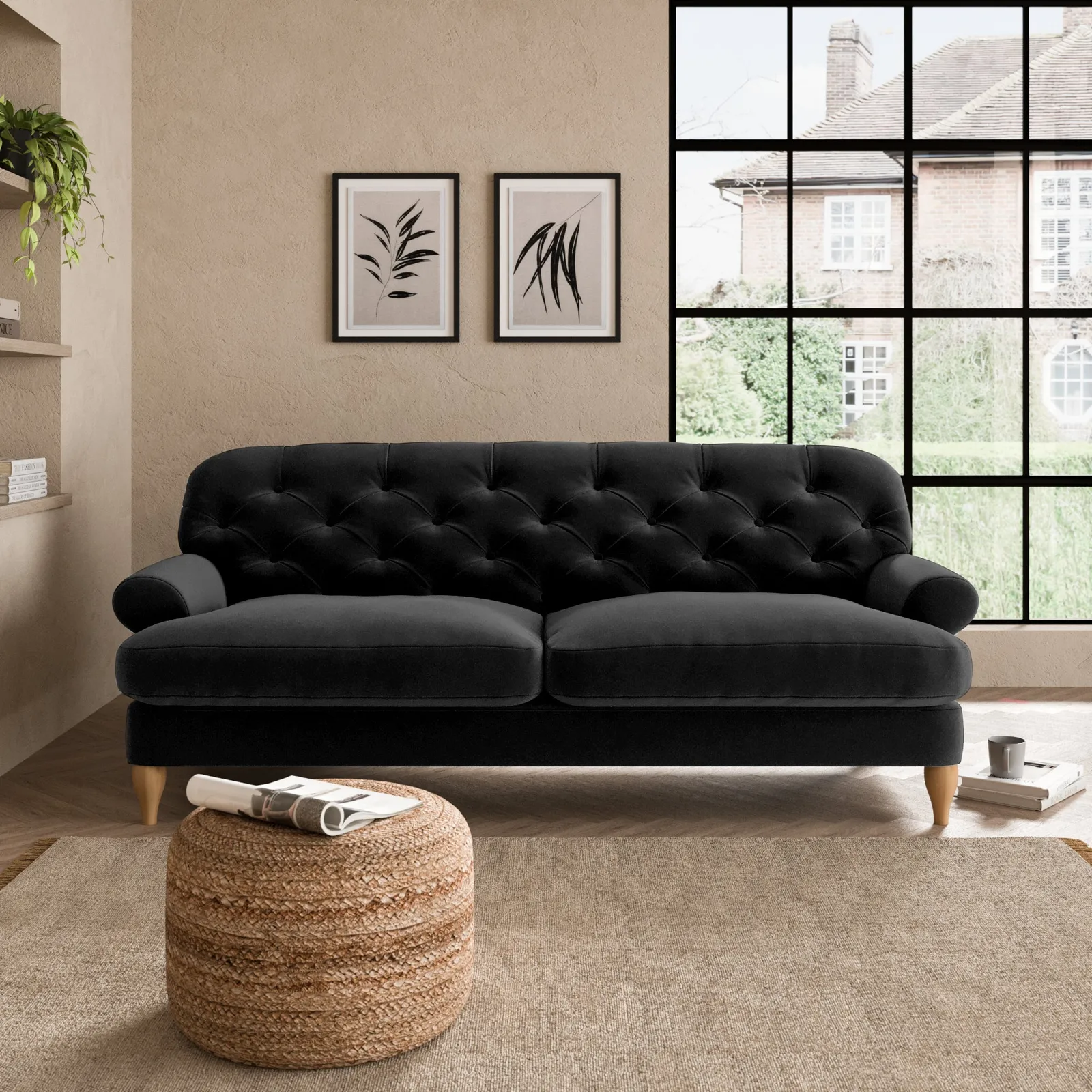 Canterbury Luxury Velvet 3 Seater Sofa Luxury Velvet Black