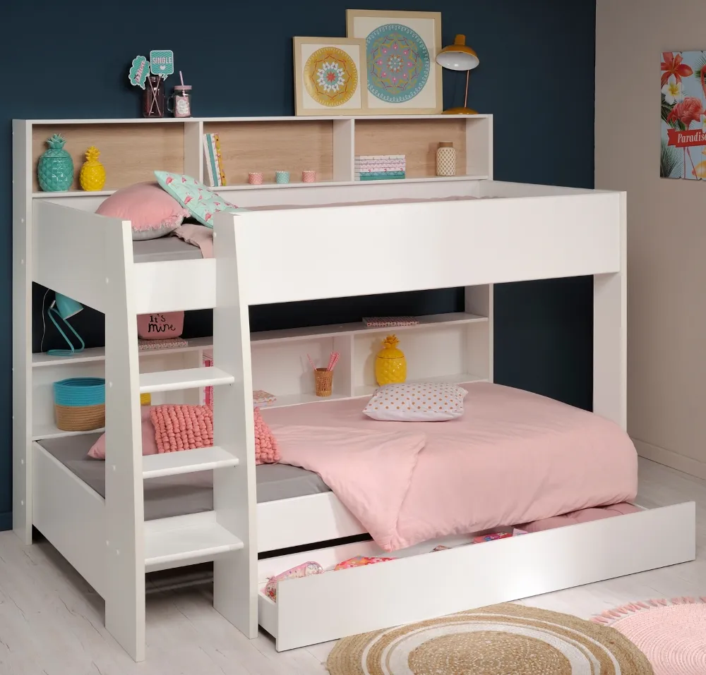 Tam Tam White and Oak Wooden Bunk Bed with Underbed Storage Drawer Frame - EU Single