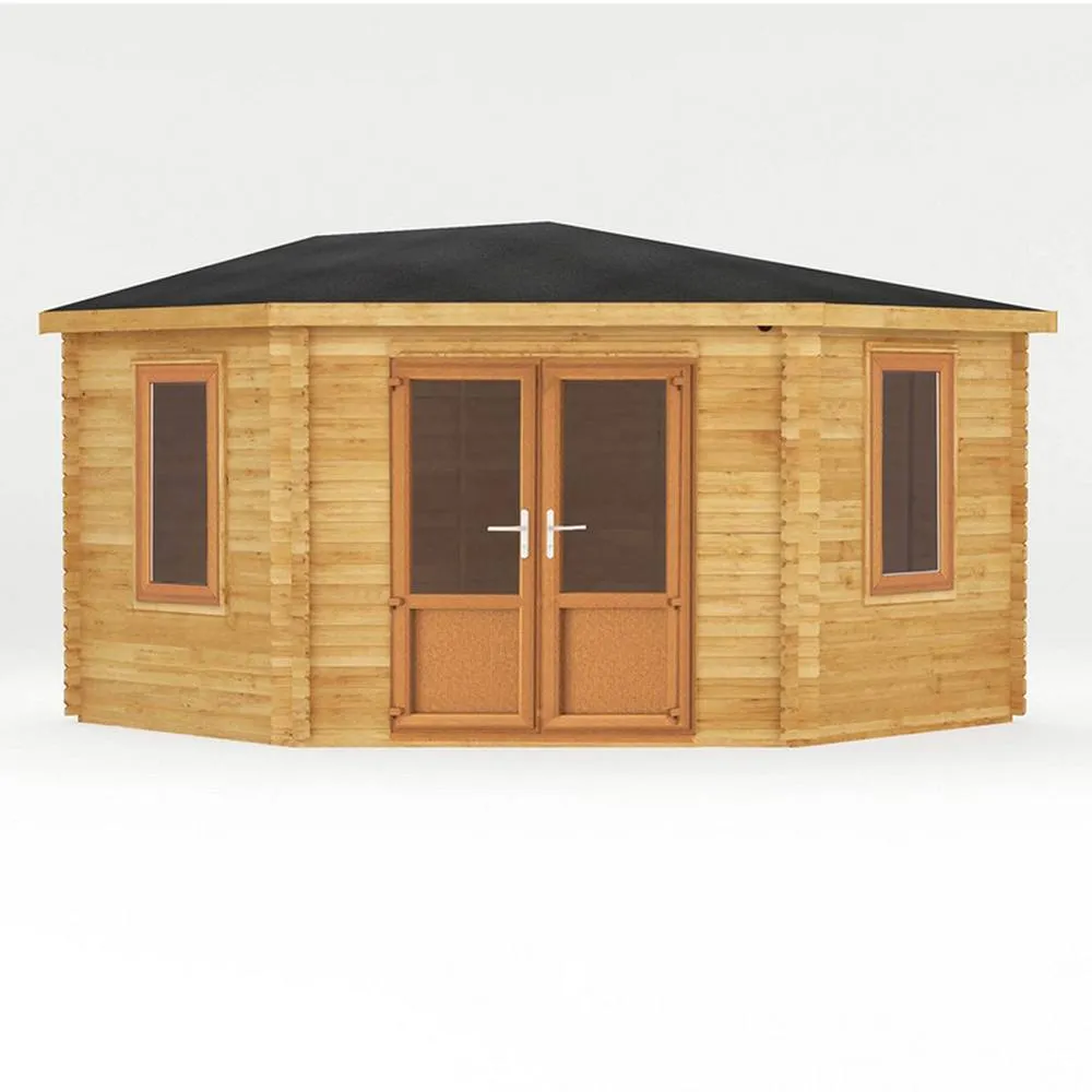 Mercia 44 mm Corner Cabin with Oak UPVC Windows & Doors, L415 x W409 x H287cm in Light Tan