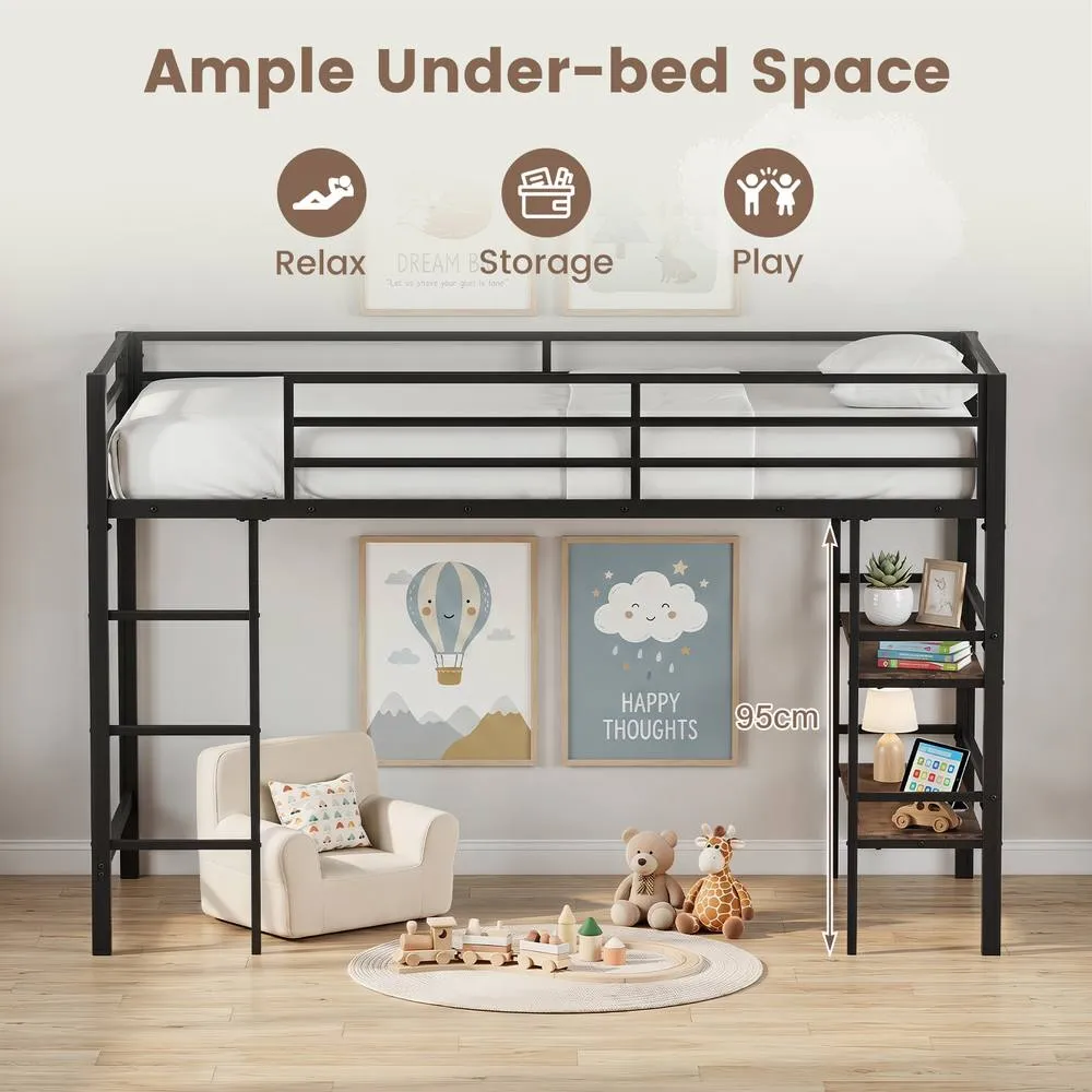 Costway Single Size Metal Loft Bed w/Storage Shelves No Box Spring Needed in Brown 6