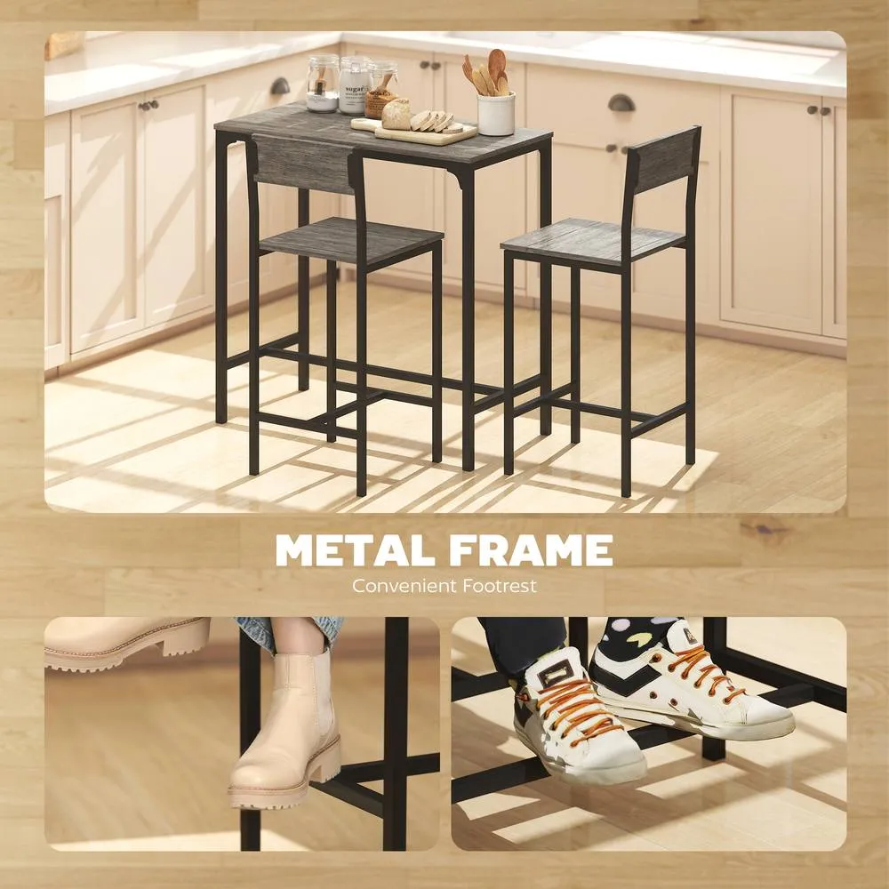 HOMCOM 3-Piece Bar Table Set with 2 Stools, Footrest in Charcoal 4