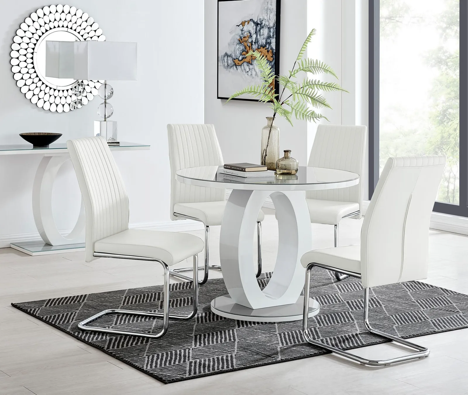 FurnitureboxUK Giovani Round 4 Seat 100cm White High Gloss Unique Halo Base Grey Glass Top Dining Table 4 Soft Faux Leather Lorenzo Chairs 1