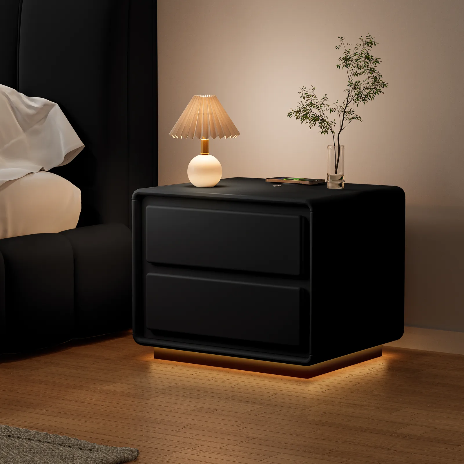 Modern Nightstand  off-white with 2-drawers and  LED and USB charging function Set of 2