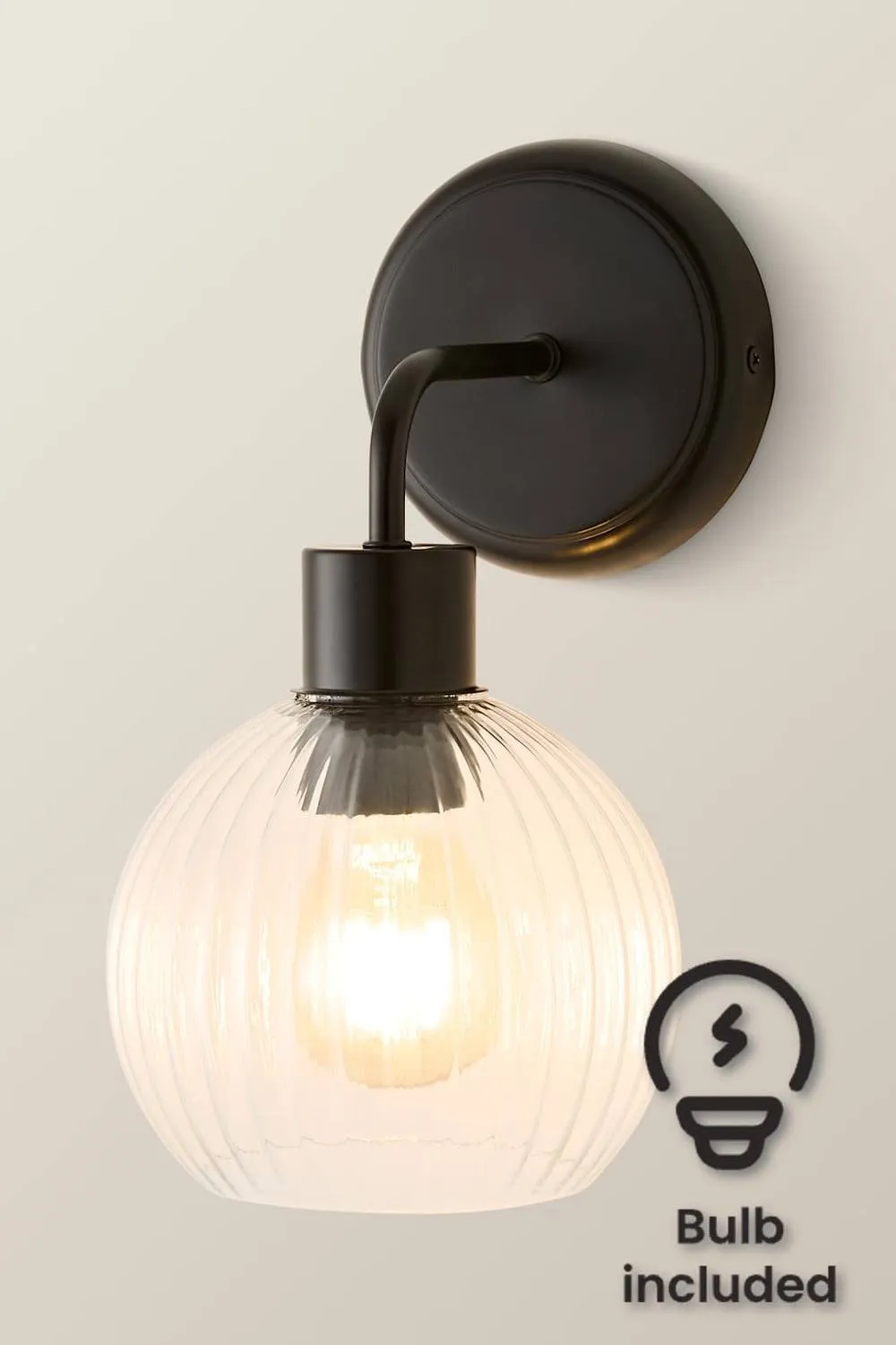 ValueLights Maddison Pair Clear Ribbed Glass Globe Metal Wall Lights & Bulbs in Black 2