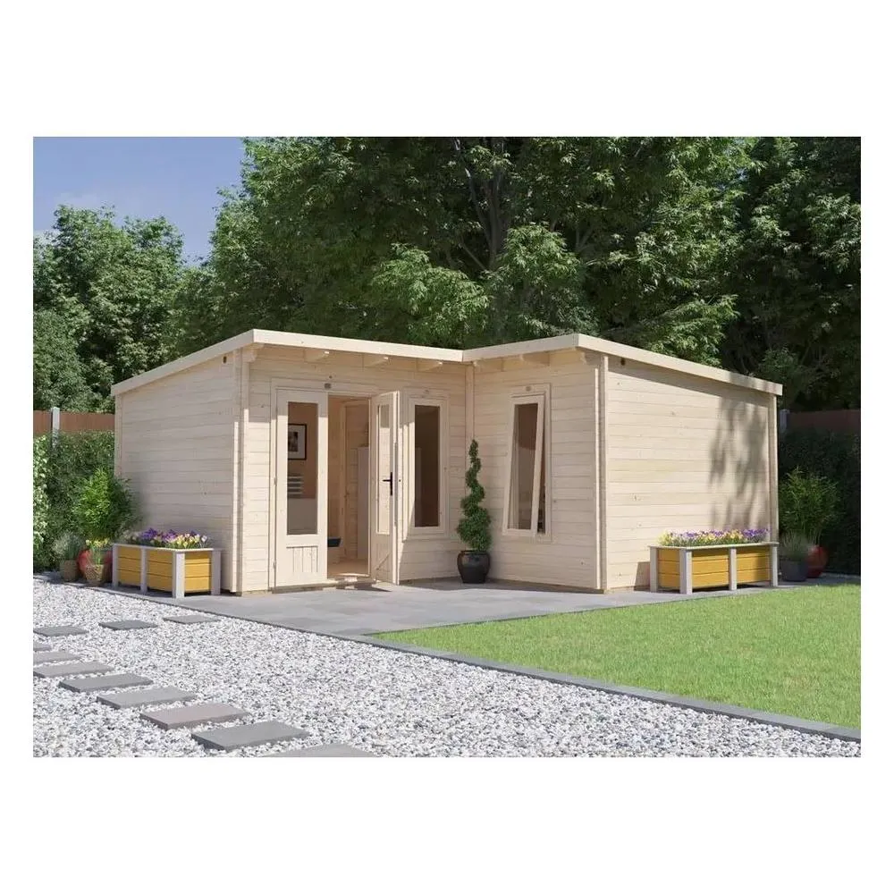 Dunster House L-Shaped Log Cabin W6m x D5m / 19' x 16'6" Pent, 24mm, DG - HellWolf in Brown 2