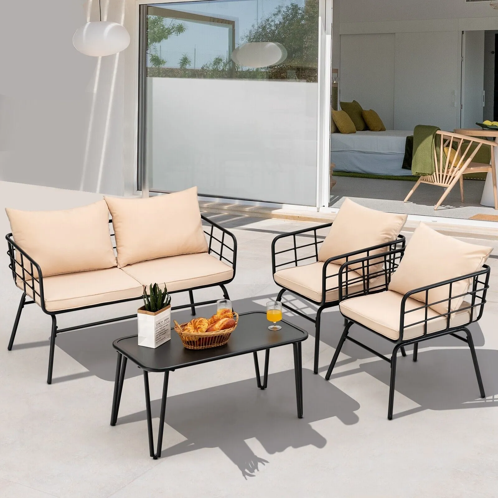 Costway 4 PCS Patio Conversation Set Outdoor Furniture Loveseat Coffee Table 2 Chairs in Beige 4