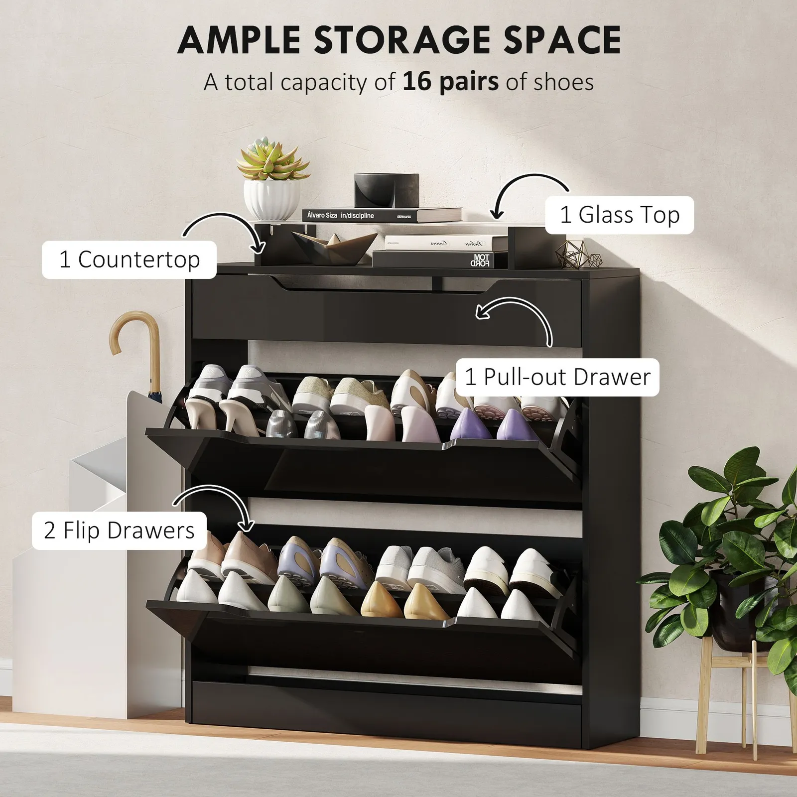 HOMCOM Shoe Cabinet with 3 Drawers, High Gloss Front Panels, Glass Top Black 4