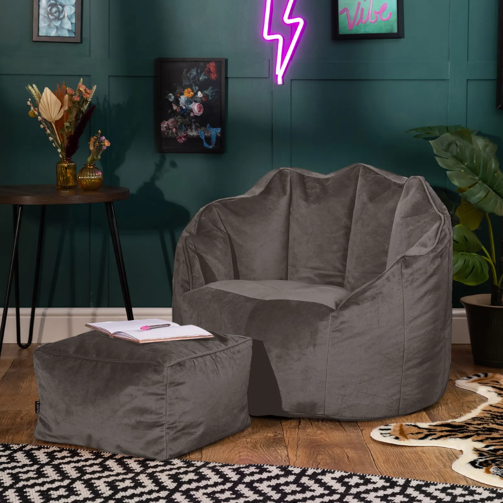 icon Sirena Scallop Chair Bean Bag & Footstool Pink Velvet Bean Bags in Charcoal