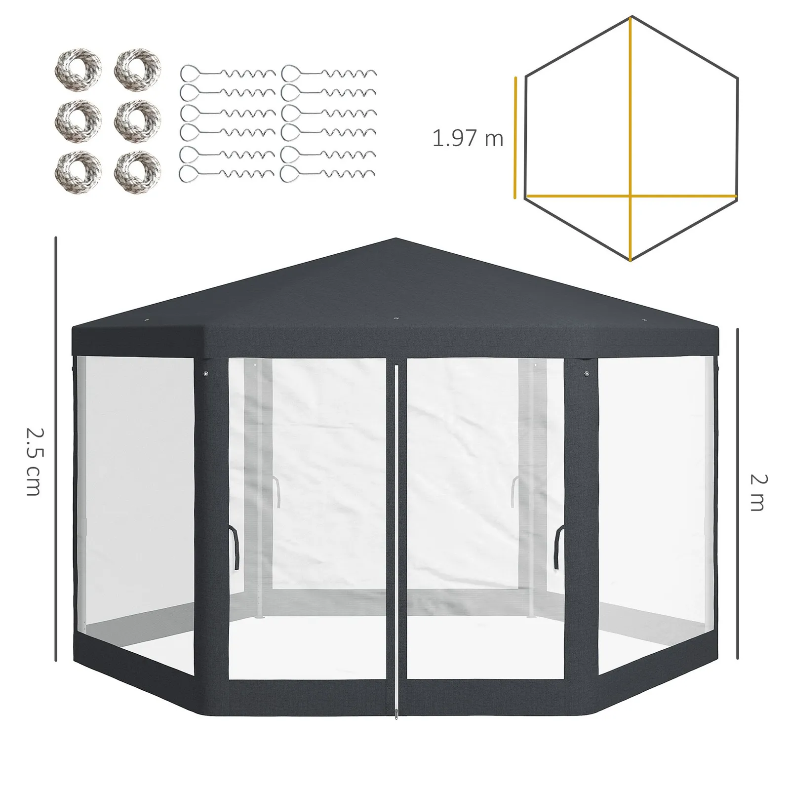 OUTSUNNY Hexagonal Gazebo Patio, Outdoor Canopy Patio Party Tent Dark Grey 3