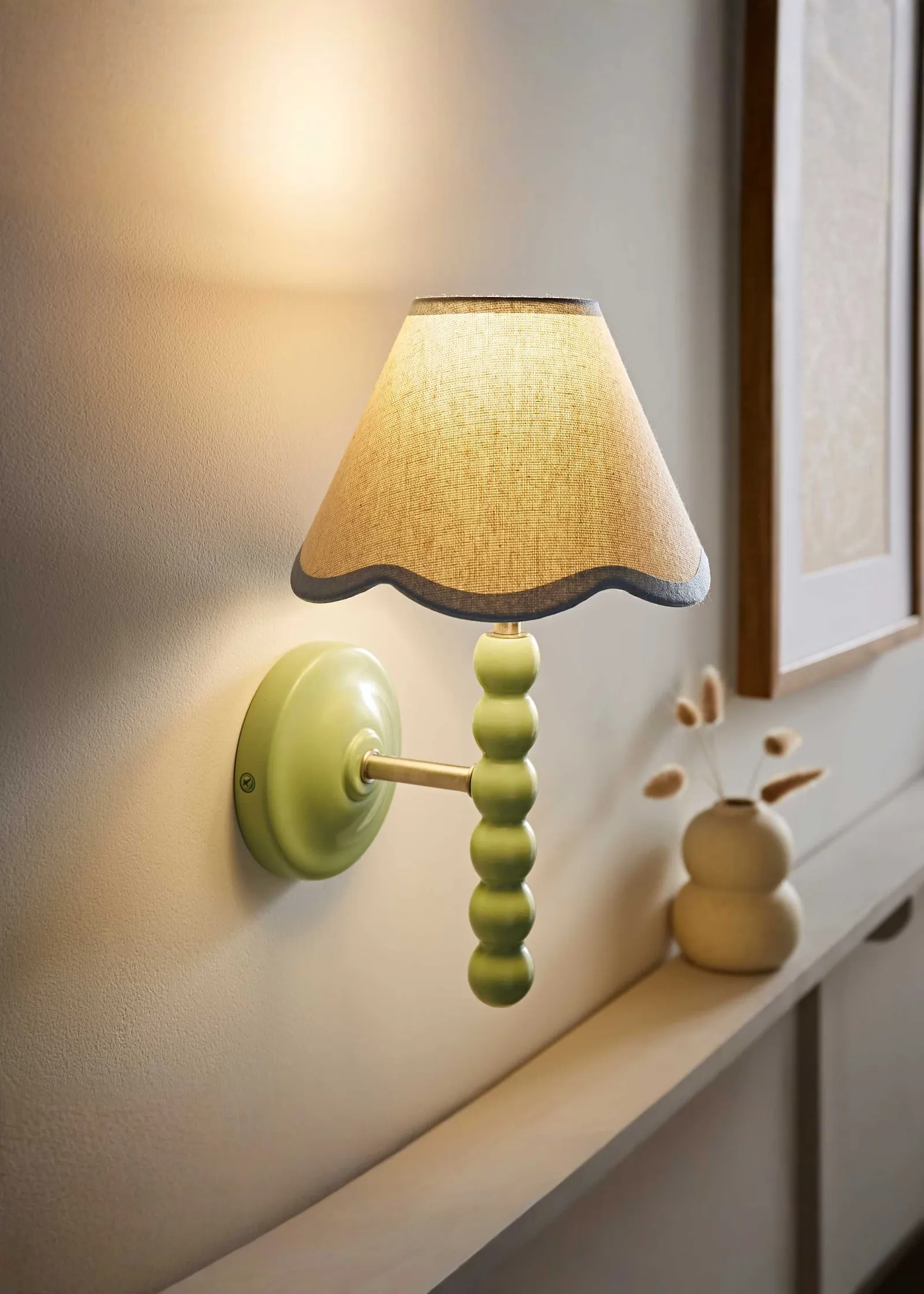 ValueLights Bobbins Sage Green Bobble Wall Light & Linen Pastel Trim Lamp Shade in Pale Blue 1